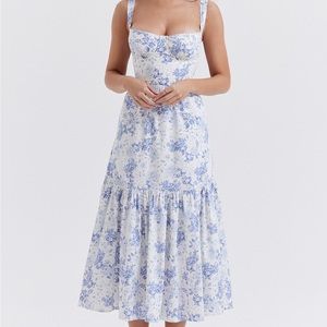 House of CB Elia Blue Floral Toile Print Midi Bustier Sundress S Small